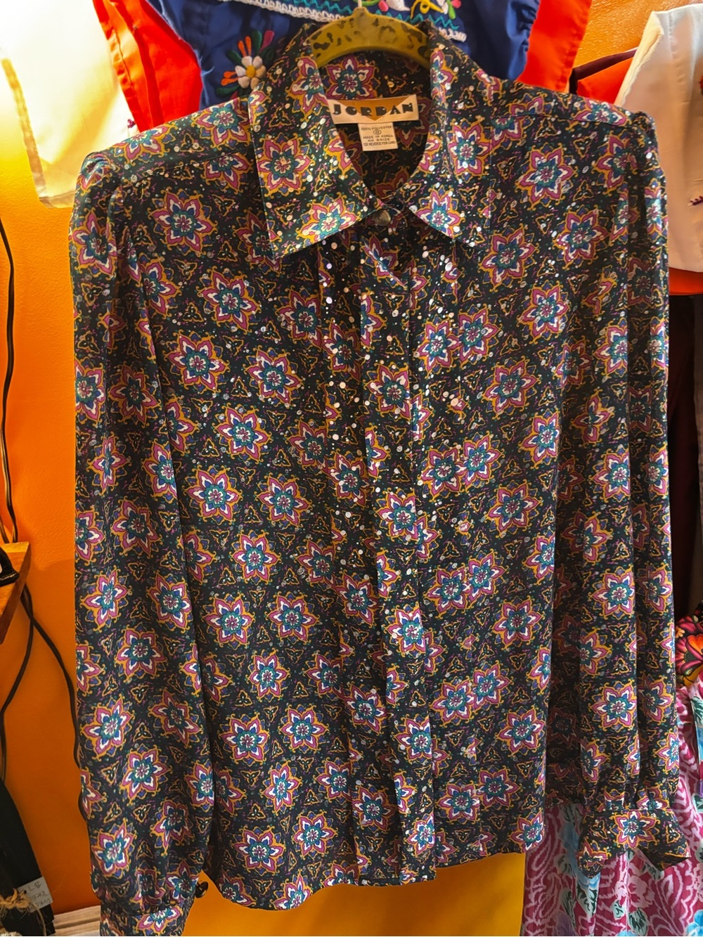 Jordan Women's Black Button-Up Blouse with Purple & Teal Star Motif